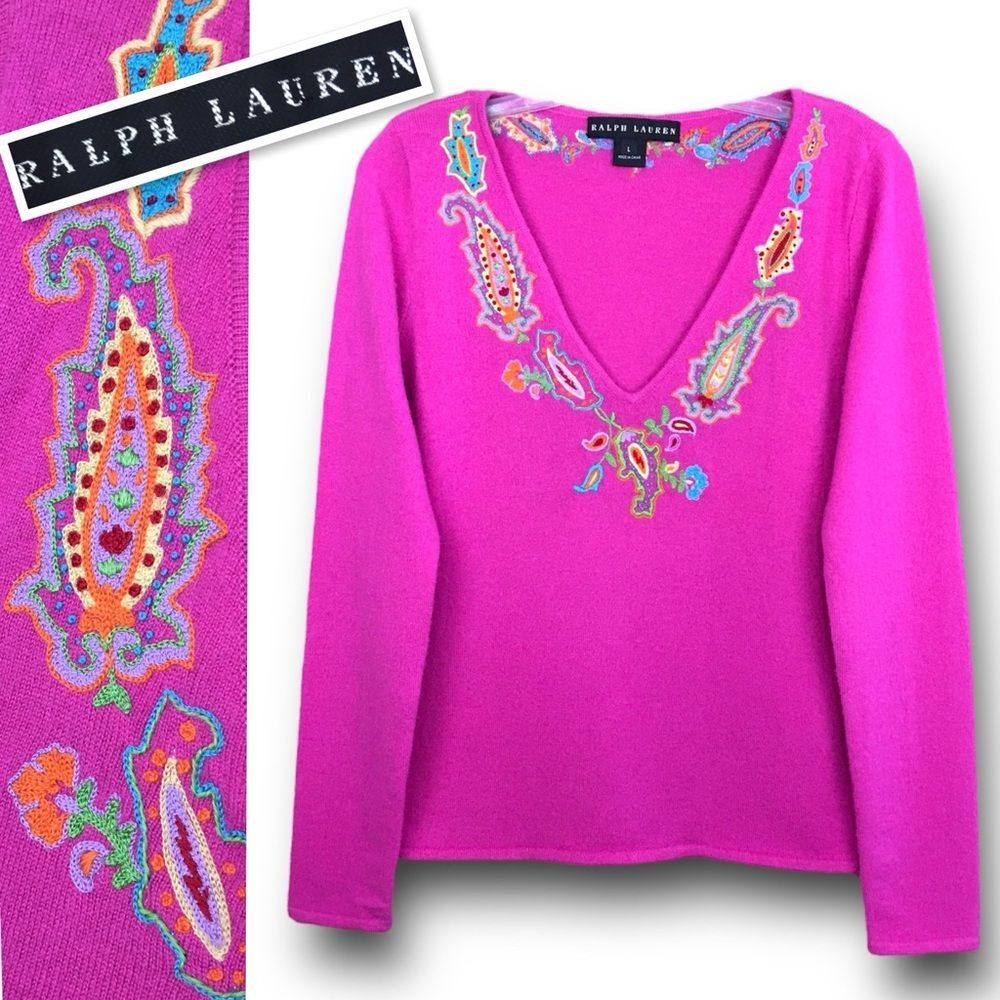 Ralph Lauren Black Lable 100% Cashmere V Neck Paisley Embroidered Sweater Pink L - Picture 3 of 13